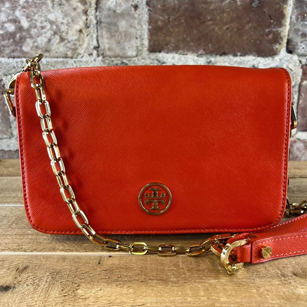 Tory Burch 'Robinson' Tangerine Orange Leather Crossbody w/ Gold Hardware Chain